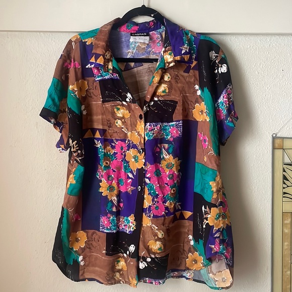 Vintage patchwork short sleeve button down shirt by Cabrais Plus Collection - Picture 1 of 8